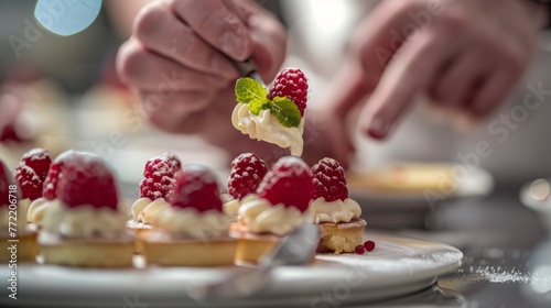 Intricate close-up revealing the deft hands of a pastry chef crafting a lavish dessert, showcasing culinary ingenuity tailored for event catering. photo