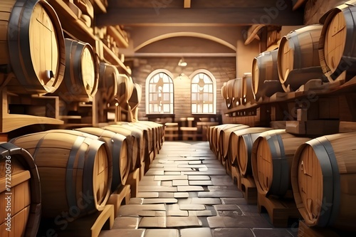 Wine cellar with a row of oak barrels. Generated AI