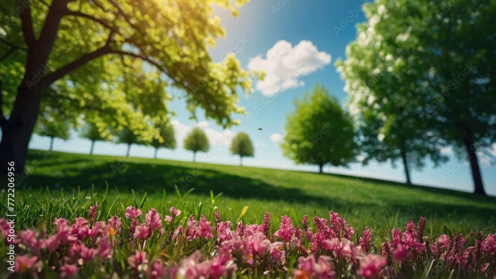 Colorful flower and grass landscape background, Beautifully blurred background image of spring nature with a neatly trimmed lawn surrounded by trees against a blue sky with clouds on a sunlight Colorful flower and grass landscape background, Beautifully blurred background image of spring nature with a neatly trimmed lawn surrounded by trees against a blue sky with clouds on a sunlight