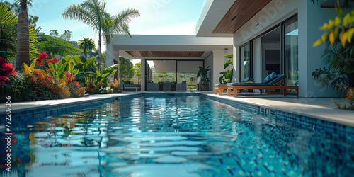 A modern tropical villa with a lush poolside, blending luxury and relaxation. © Andrii Zastrozhnov