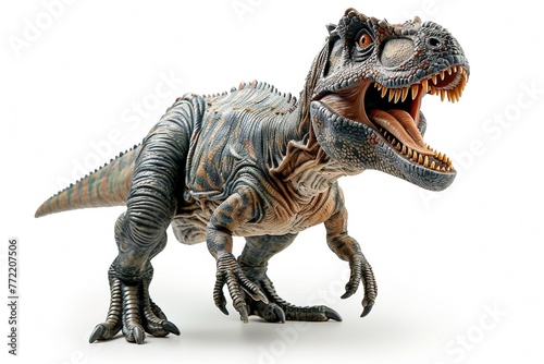A colossal T-Rex toy on a white background  epitomizing ancient Jurassic might.