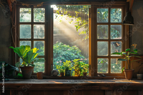 In a rustic window frame, a pretty potted plant thrives, merging indoor beauty with nature's charm.