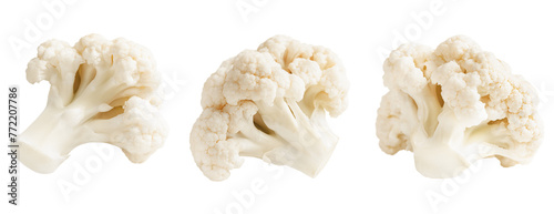 three cauliflower florets isolated on white background