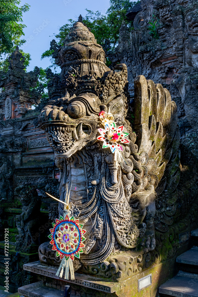 Ancient sculptures in the city of Ubud on the island of Bali, Indonesia.