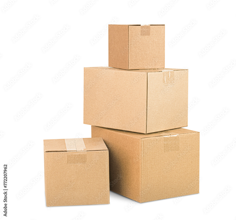 four cardboard boxes on white isolated background - obrazy, fototapety, plakaty 