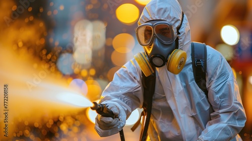 A guy from the pest control service in a mask and a white protective suit with poison spray bottle. Pest control, insect, chemical poison equipment. Generative Ai image photo
