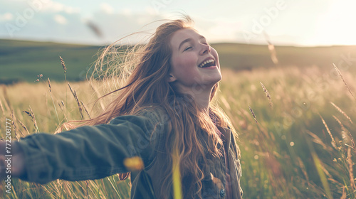 A girl in a field at sunset, laughing with arms outstretched. photo