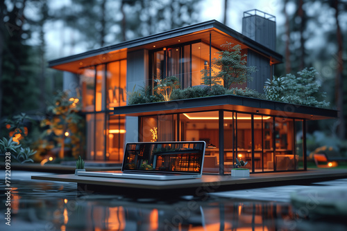 A sleek, contemporary mansion stands silhouetted against the night sky, its windows aglow with warm light