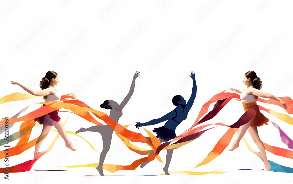 Obraz premium Wide angle view of rhythmic gymnasts performing jumps with ribbon. high energy. illustration. White background 
