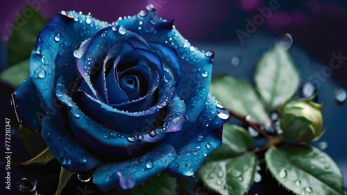 deep purplish and bluish single frame rose with water drops lying on the sepals pink rose flower background with due drops and romantic background in full frame abstract view 