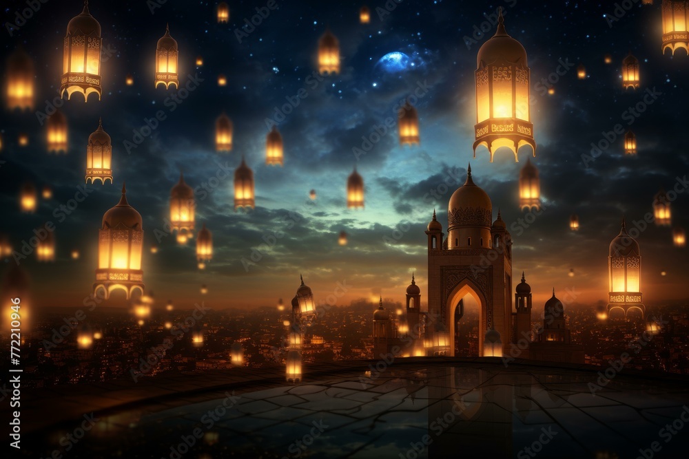 Obraz premium Benevolent Ramadan congratulations. Food lantern design. Generate Ai