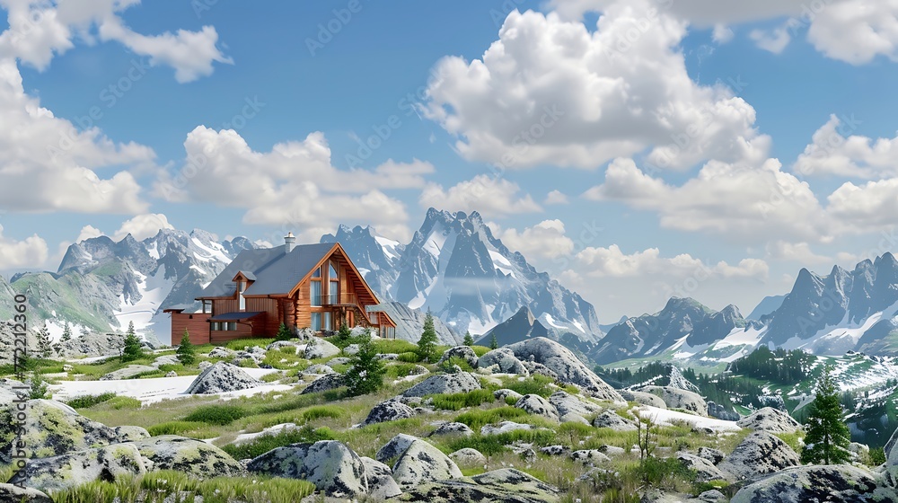 Alpine Serenity: Nestled Amidst Towering Peaks, a Mountain Chalet Beckons with Rustic Charm and Cozy Comfort, Offering an Idyllic Retreat Surrounded by Nature's Majestic Beauty and Tranquil Splendor.