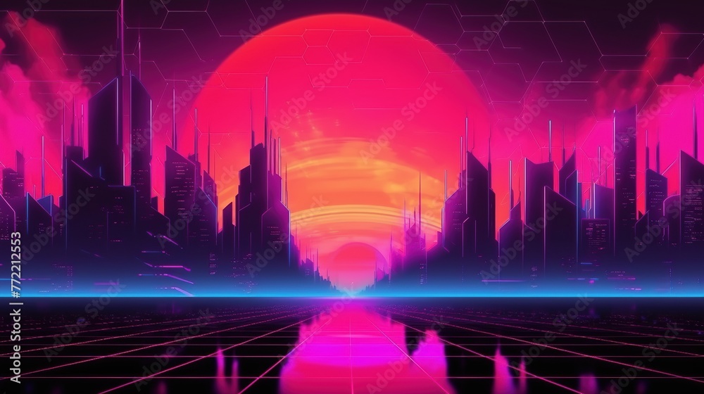 Synthwave-style landscape with urban high-rises, and sun