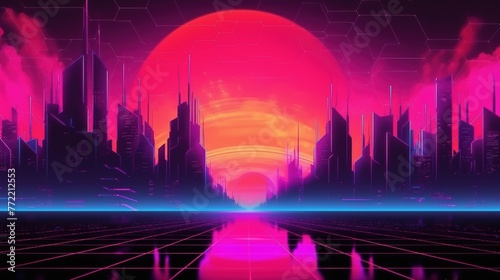 Synthwave-style landscape with urban high-rises  and sun