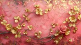 Pink background with impasto texture and gold leaf decorated branch with golden abstract spring flowers and pink rose.