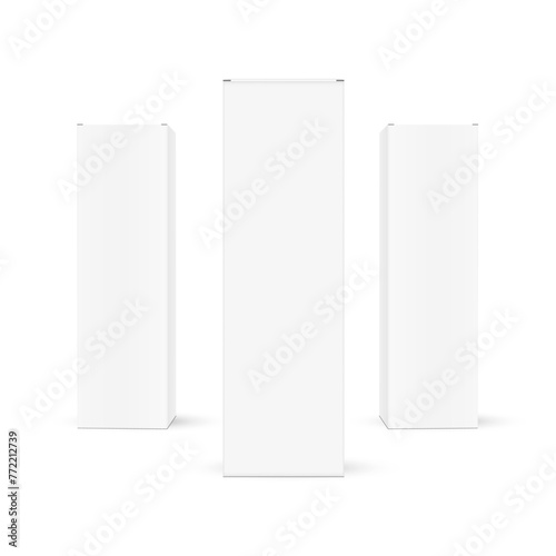 Three Tall Rectangular Packaging Boxes, Front View, Isolated On White Background. Vector Illustration