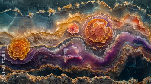 A unique luxurious mixture of minerals and gold, a rare marble texture with iridescent shades of colors.  photo