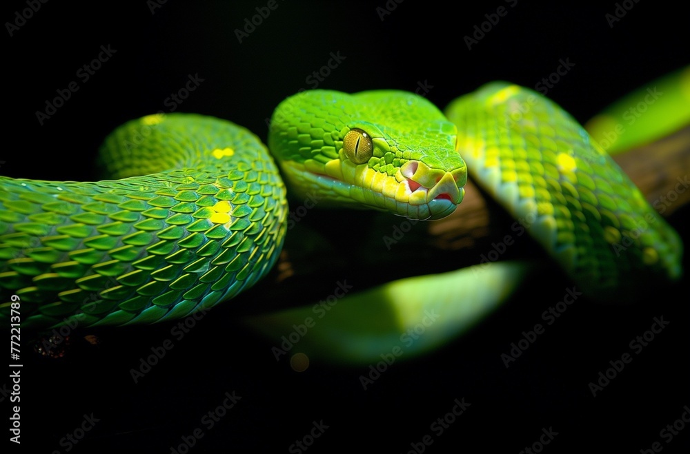 Fototapeta premium Closeup of the Green Snake Coiled on Its Branch, with Dark Background and Backlighting