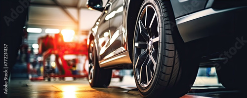 Detail on luxury tire wheel in car service center