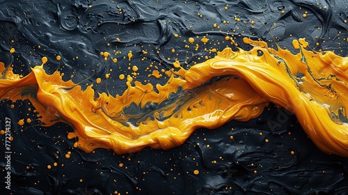 A sweeping wave of golden paint on a black textured background in this high-definition image offers a vivid portrayal of motion and fluid art, ideal for striking designs and abstract concepts. photo
