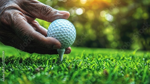 A golfer's hand placing a golf ball on a tee against a lush green background.
