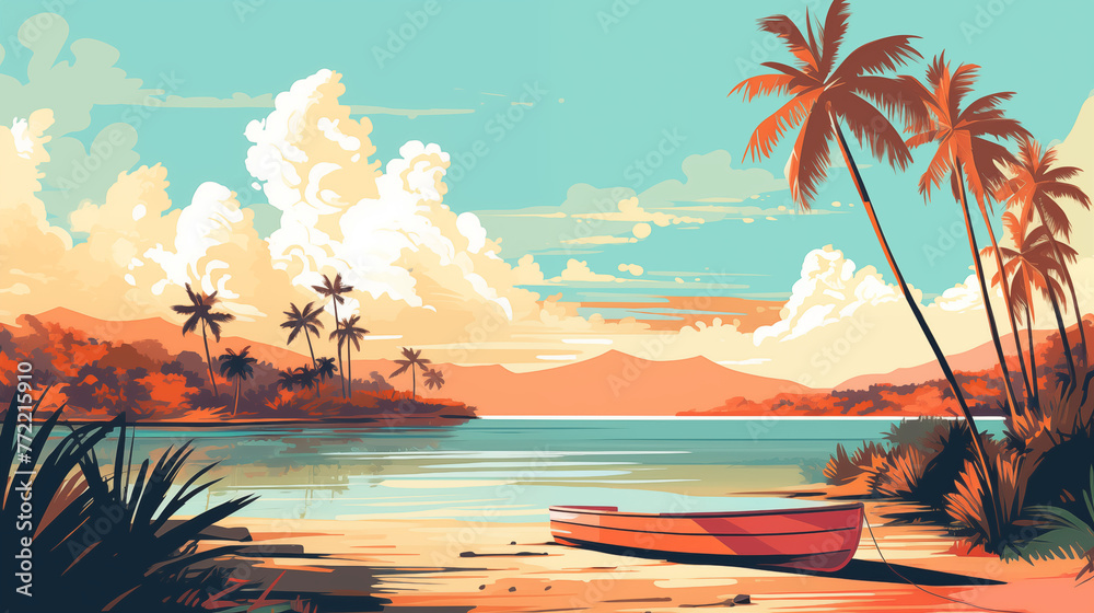 Serene Tropical Beach Scene Illustration - obrazy, fototapety, plakaty 