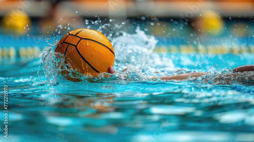 Water polo player in action, swimming and pushing a ball in the pool.