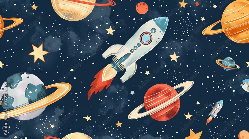 Cute space-themed illustrations for kids' rooms, books, fabrics, and greeting cards. Great for decorating nursery walls and creating a fun and imaginative space.