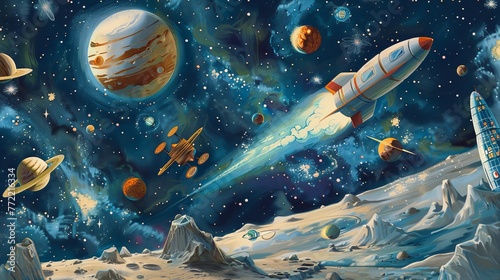 Cute space-themed illustrations for kids' rooms, books, fabrics, and greeting cards. Great for decorating nursery walls and creating a fun and imaginative space.