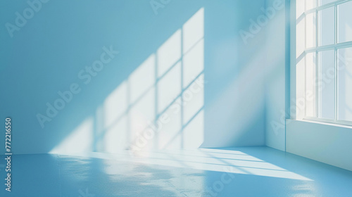 Abstract light blue background, simple and clean for product presentation, with soft shadows and light from a window on the wall