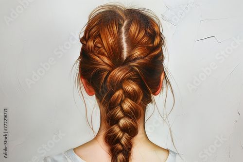 Close-up photo of a woman's intricate French braid hairstyle against a neutral background. Back view.