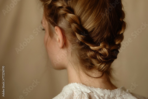 Detailed image showcasing a woman's intricate French braid hairstyle in a natural setting