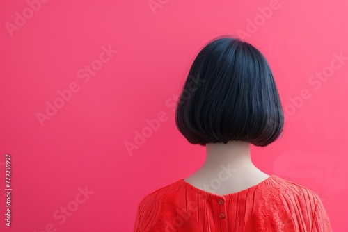 Rear view of a woman's stylish bob haircut against a vibrant pink backdrop