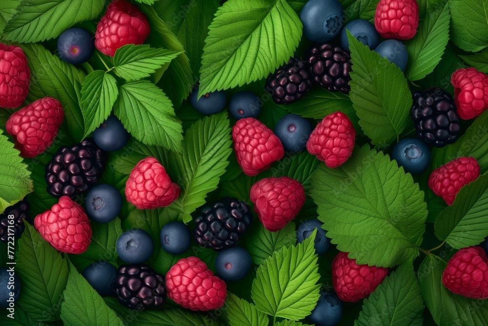 A colorful delicious mixture of wild forest berries. Concept background - obrazy, fototapety, plakaty 