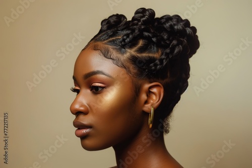 Side profile of a woman showcasing a sophisticated braided crown hairstyle