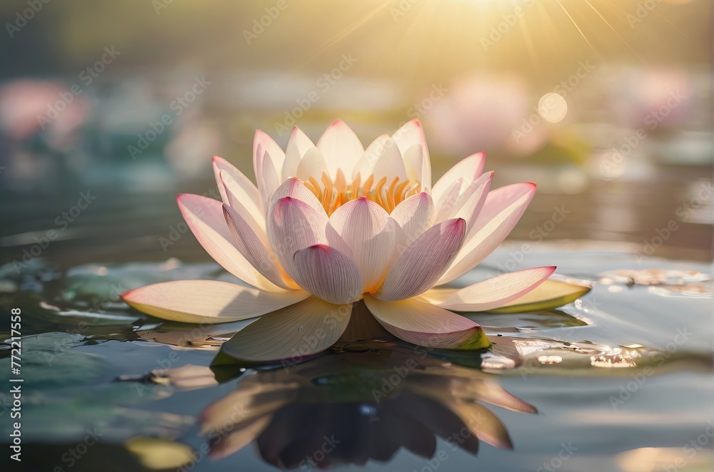 Lotus flower on the water with soft sunrise background. AI generated