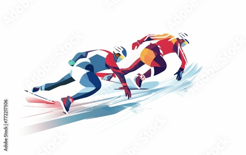 Wide angle view of speed skaters running towards the finish line. high energy. illustration. White background 