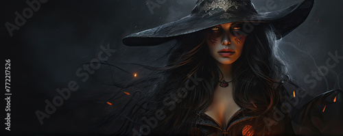 Magic witch with sorcerer ball on haloween background