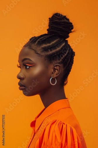 Profile view of a stylish woman with a detailed fishtail braid against an orange backdrop