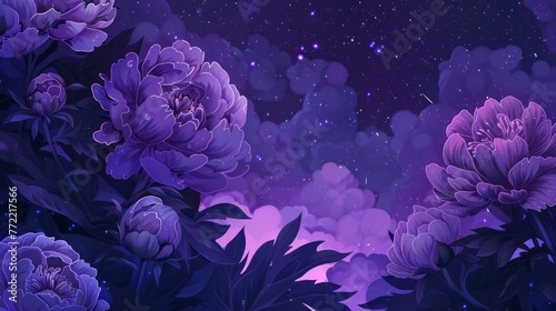 Fototapeta Naklejka Na Ścianę i Meble -  Dark Purple and Violet Peonies on a Starry Background