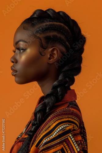 Profile view of a young woman with a beautiful fishtail braid on an orange background