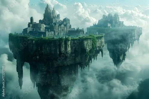 Majestic Floating Island City Above Clouds in Serene Fantasy Landscape