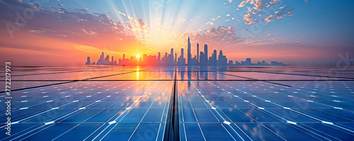 Solar panels in foreground with city skyline at sunrise. Sustainable energy concept with vibrant sky reflecting on panels