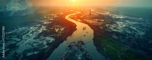 Sunrise over a devastated landscape, river reflecting the light amidst pollution and destruction. Environmental disaster theme