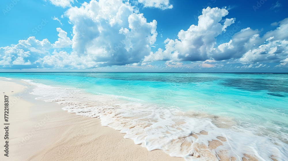 Obraz premium Beautiful sandy beach, white sand, calm turquoise waves, sunny day, white clouds in blue sky, Maldives island, colorful perfect panoramic natural landscape