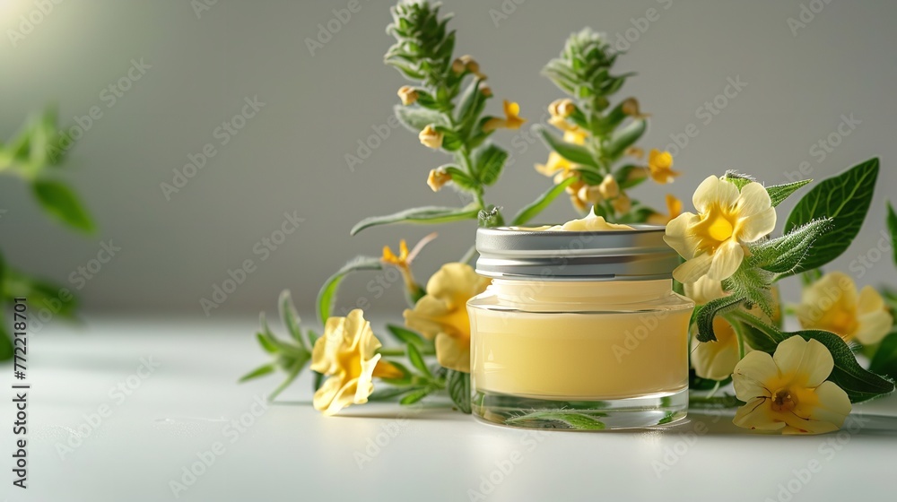 A petite transparent jar comprising mullein yellow blooms over a white backdrop holds mullein herbal medicine and space, Generative AI.