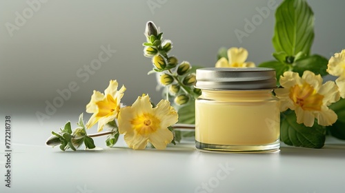 A petite transparent jar comprising mullein yellow blooms over a white backdrop holds mullein herbal medicine and space, Generative AI.