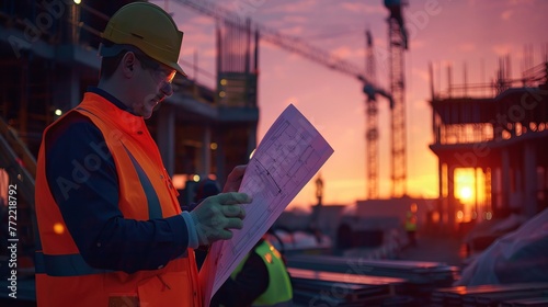 Engineers at twilight, navigating a construction site's blueprints amid dim lighting. photo