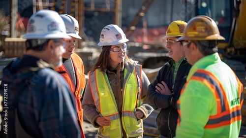 Engineers, construction workers, and managers gather outdoors at a building site. They discuss plans, architecture, and safety for a new construction project, with a focus on diversity and inclusion.