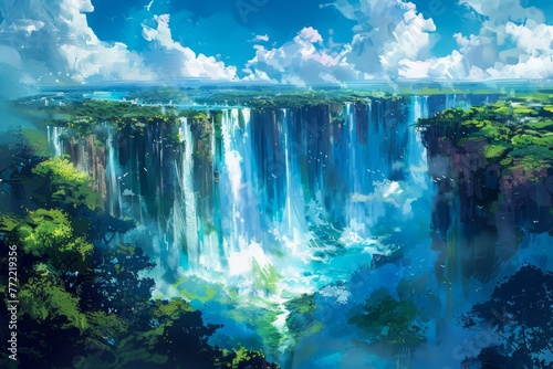 Majestic Waterfall Oasis Amidst Lush Forest Panoramic View of Cascading Water with Vibrant Flora Under Blue Skies photo